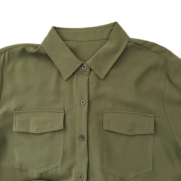 Olive Green Top Size Large Button Front Long Sleeve Blouse Fall Utility Neutral - Picture 4 of 10